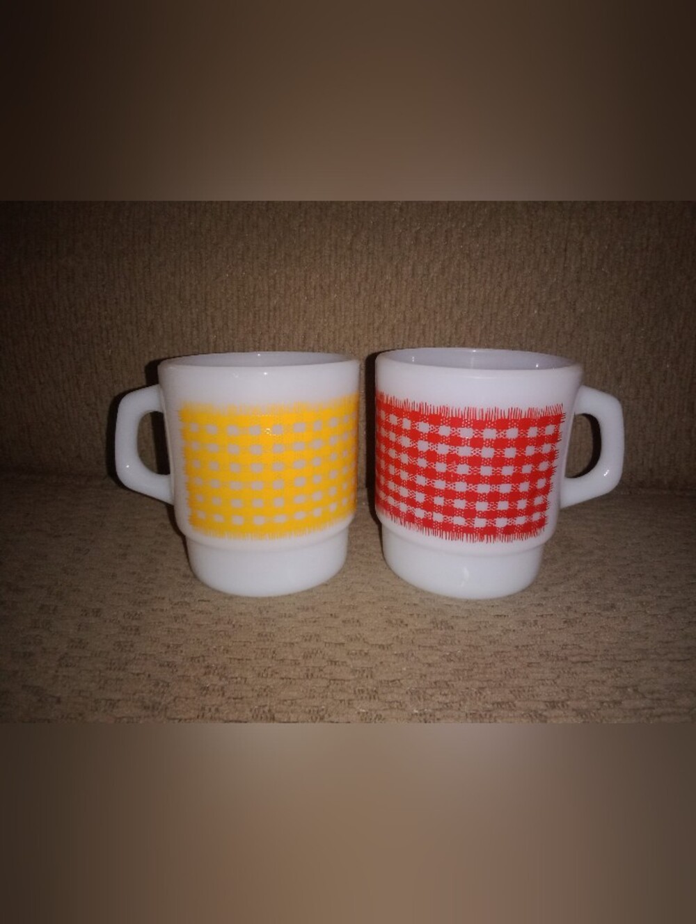 Vintage Fire King Checkered Red Yellow Blanket Gingham Milk Glass Coffee Mug Cup